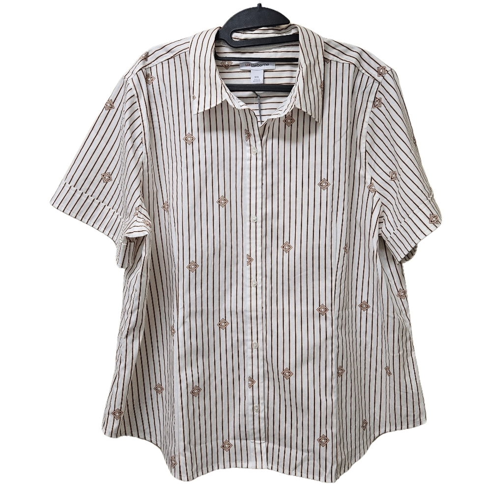 Liz Claiborne NWT Womens XXL Short Sleeve Stripe Shirt Coral,Pink, Navy